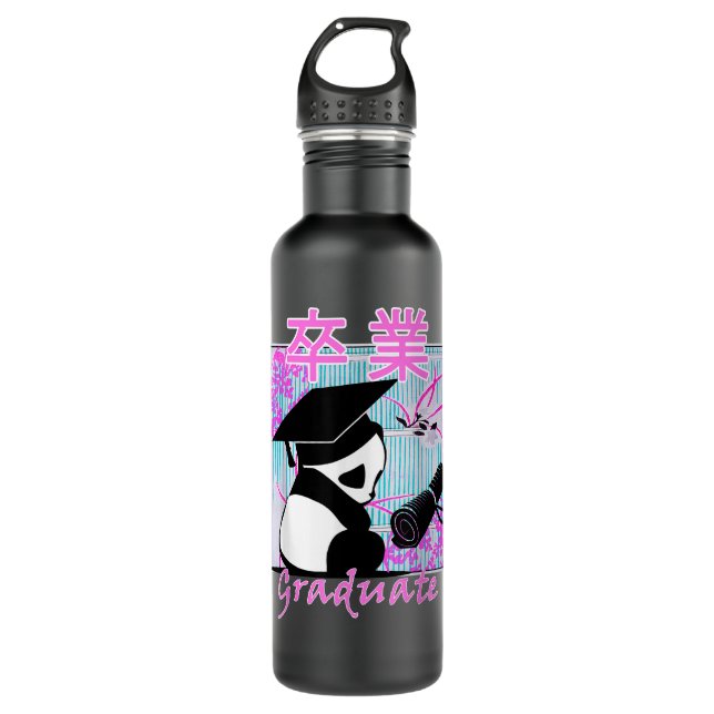 Retro Anime Abschluss Ideen Panda Japanisch Ka Edelstahlflasche (Vorderseite)