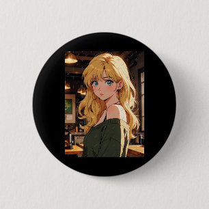 Retro-Anime-Café-Mädchen Warme Gemütliche Atmosphä Button