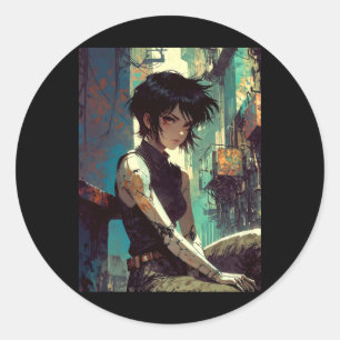 Retro Anime Cyberpunk Mädchen dystopische Zukunft Runder Aufkleber