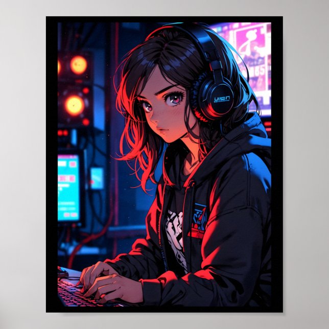 Retro Anime Girl Gamer Cyberpunk Streaming Setup S Poster (Vorne)