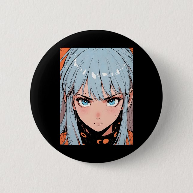 Retro Anime intensive Mädchen blaues Haar Ästhetik Button (Vorderseite)