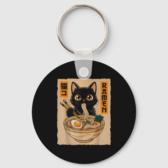 Retro Anime Kawaii Black Cat Eating Ramen Noodles  Schlüsselanhänger (Vorderseite)