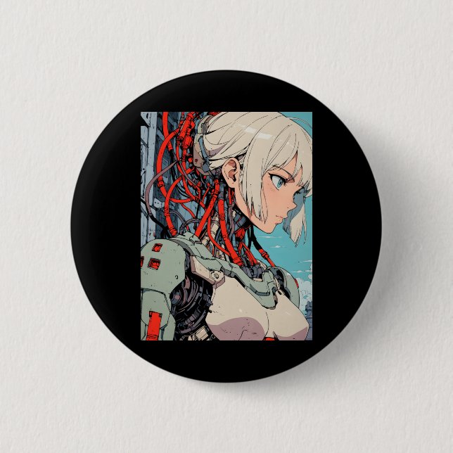 Retro Anime Kybernetisches Android Mädchen Futuris Button (Vorderseite)