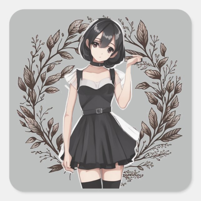 Retro Anime Little Black Dress Decal Fantasie Quadratischer Aufkleber (Vorderseite)