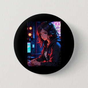Retro Anime Mädchen Gamer Cyberpunk Streaming Setu Button