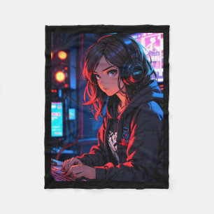 Retro Anime Mädchen Gamer Cyberpunk Streaming Setu Fleecedecke