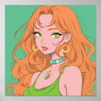 Retro-Anime-Mädchen mit ingwerfarbenem Haar und gr Poster