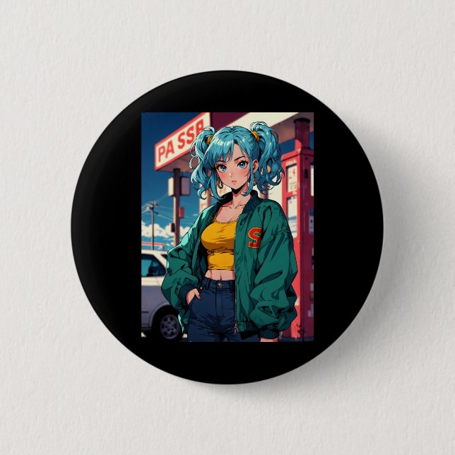 Retro Anime Tankstellen Mädchen Vintage Straßenmod Button (Vorderseite)