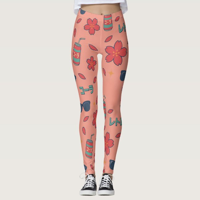 Retro Anime Vacation Icons – Kawaii Neon Leggings (Vorderseite)
