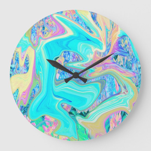Retro Aqua Blue Liquid Art on Abstract Hydrangeas Große Wanduhr (Vorderseite)