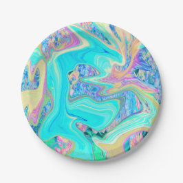 Retro Aqua Blue Liquid Art on Abstrakt Hydrangeas Pappteller