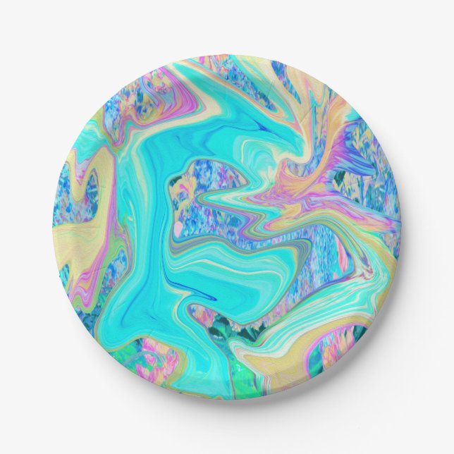 Retro Aqua Blue Liquid Art on Abstrakt Hydrangeas Pappteller (Vorderseite)