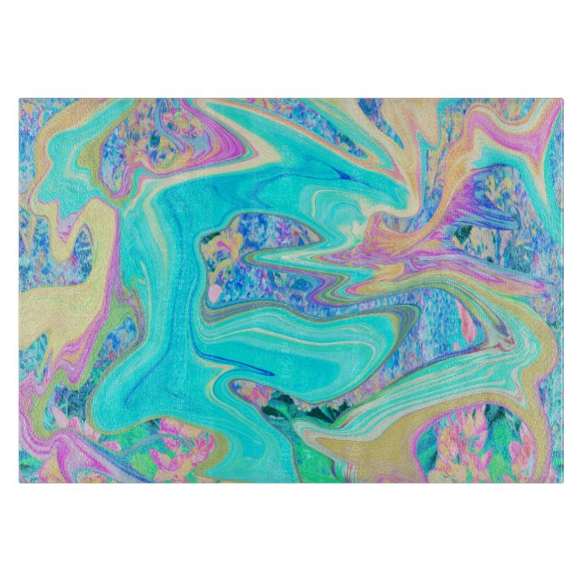 Retro Aqua Blue Liquid Art on Abstrakt Hydrangeas Schneidebrett (Vorderseite)