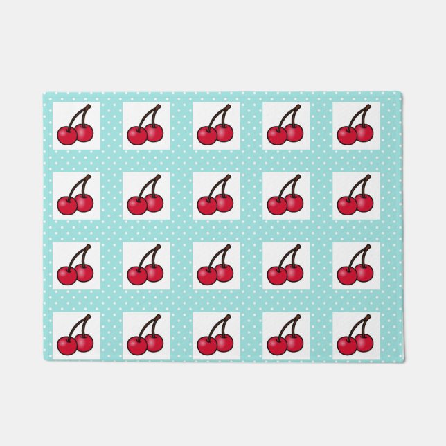Retro Aqua Dots and Cherries Fußmatte (Vorderseite)