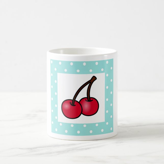 Retro Aqua Dots Cherries Kaffeetasse (Mittel)