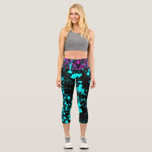 Retro Aqua Hot Pink Splatzierte Farbe Capri Leggings