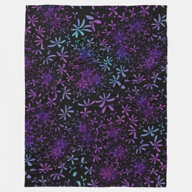 Retro Aqua Lila Blumenblüten Fleecedecke (Vorderseite)