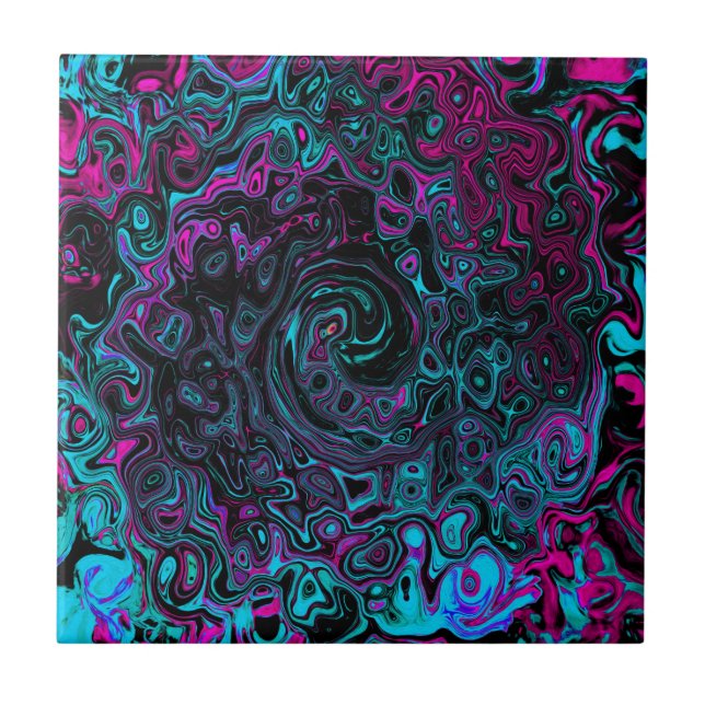 Retro Aqua Magenta und Abstrakter Schwarzer Swirl Fliese (Vorderseite)