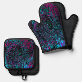 Retro Aqua Magenta und Abstrakter Schwarzer Swirl Ofenhandschuh & Topflappen-Set