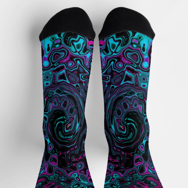 Retro Aqua Magenta und Abstrakter Schwarzer Swirl Socken (Oben)
