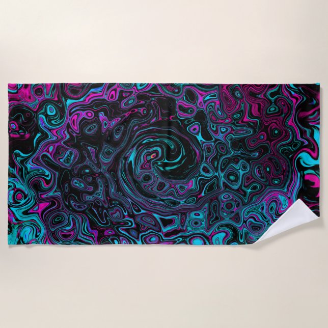 Retro Aqua Magenta und Abstrakter Schwarzer Swirl Strandtuch (Vorderseite)