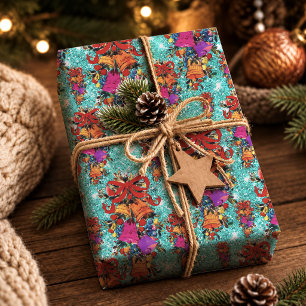 Retro-Aqua-Rot-Vintage-Weihnachts-Schleife Geschenkpapier