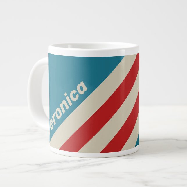 Retro Aqua Surf Stripes with Name Jumbo-Tasse (Vorderseite Links)