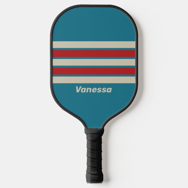 Retro Aqua Surf über Streifen mit Namen Pickleball Schläger (Vorderseite)