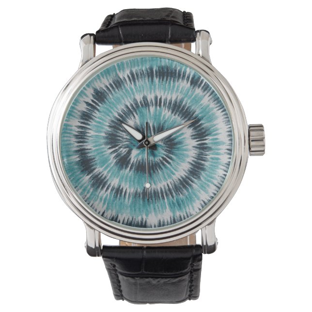 Retro Aquamarin Blue Green and Black Spiral Gefärb Armbanduhr (Vorderseite)