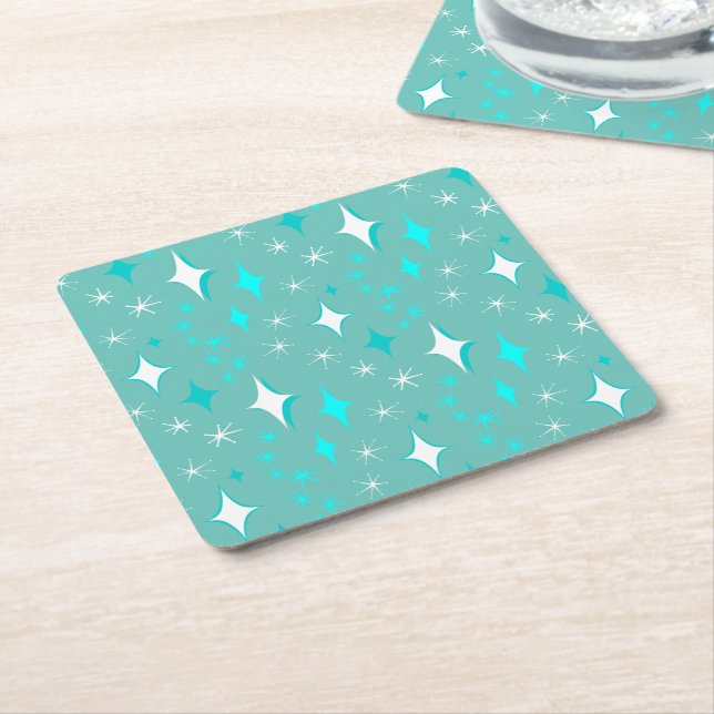 Retro-Aquamarin-White-Star-Muster Rechteckiger Pappuntersetzer (angewinkelt)