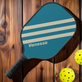 Retro Aquamarine Drei Streifen mit Namen Pickleball Schläger