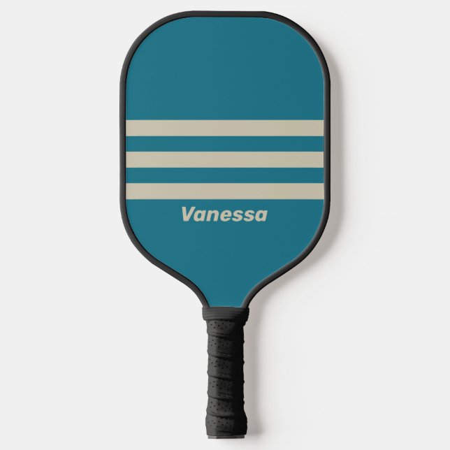 Retro Aquamarine dreimal quer Streifen mit Namen Pickleball Schläger (Vorderseite)