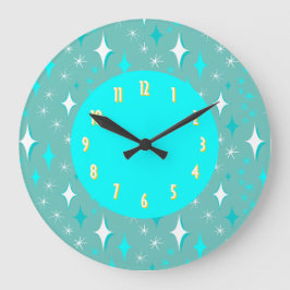 Retro Aquamarine Weißsterne Gelbe Zahlen Große Wanduhr