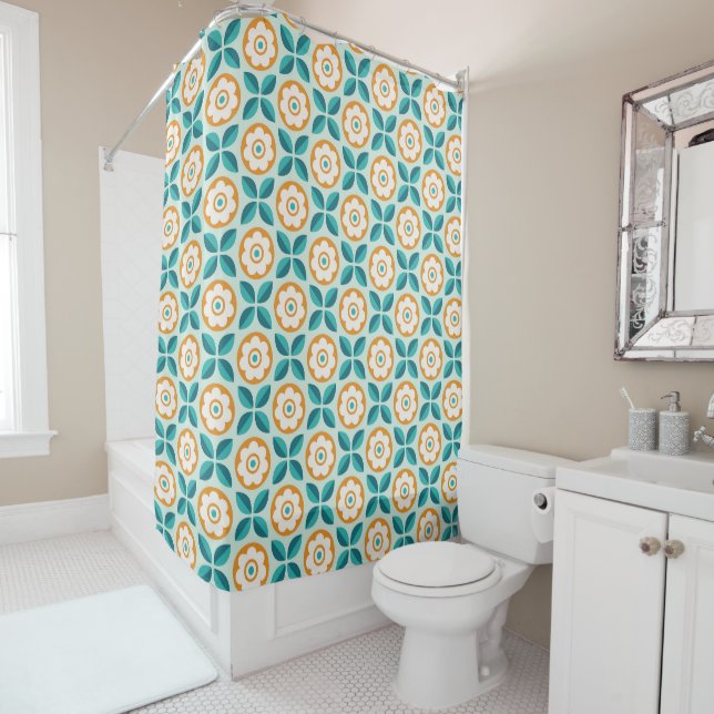 Retro Aquamarines Aqua Orange Geoss Muster Duschvorhang (Beispiel)