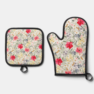 Retro-Aquarell-Blumen  Ofenhandschuh & Topflappen-Set