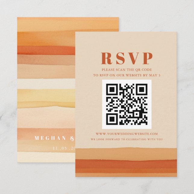 Retro Aquarell Streifen Terracotta Orange QR CODE RSVP Karte (Vorne/Hinten)