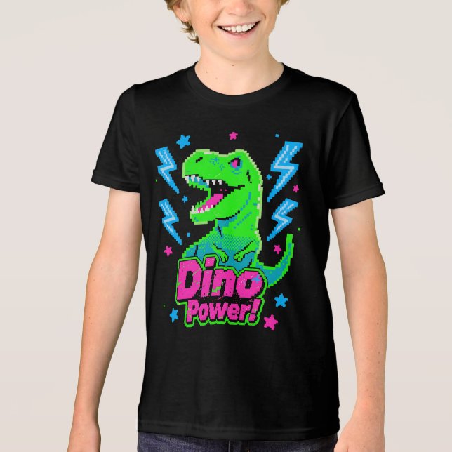 Retro Arcade Dino Power Pixel T-Rex Tri-Blend Shirt (Vorderseite)