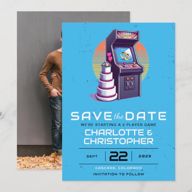 Retro-Arcade-Hochzeit Save The Date (Vorne/Hinten)