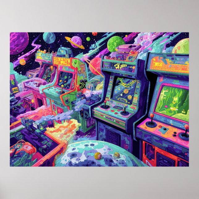 Retro Arcade Machines in Space Poster (Vorne)