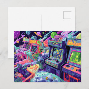 Retro-Arcade-Maschinen im Weltraum Postkarte