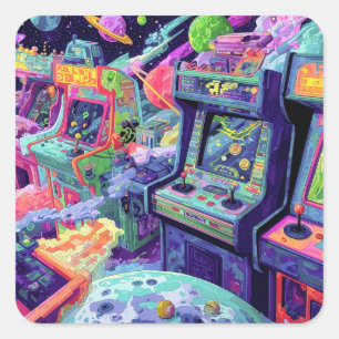 Retro-Arcade-Maschinen im Weltraum Quadratischer Aufkleber
