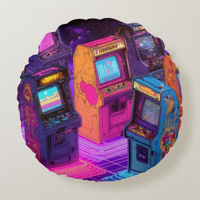 Retro-Arcade-Maschinen Rundes Kissen (Vorderseite)