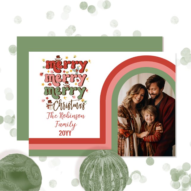 Retro Arch Frohe Weihnachtsfamilie Foto Feiertagskarte (Retro Arched Photo Merry Christmas Family Photo Holiday Card - Retro Pink, Red and Green)