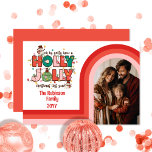 Retro Arch Holly Jolly Christmas Family Foto Feiertagskarte<br><div class="desc">Retro-Bogen-Foto-Design in den Tönen von Rosa,  Korallen und Korallen rot auf weiß "Oh by Golly Habe eine Heilige Jolly Weihnachten in diesem Jahr".</div>