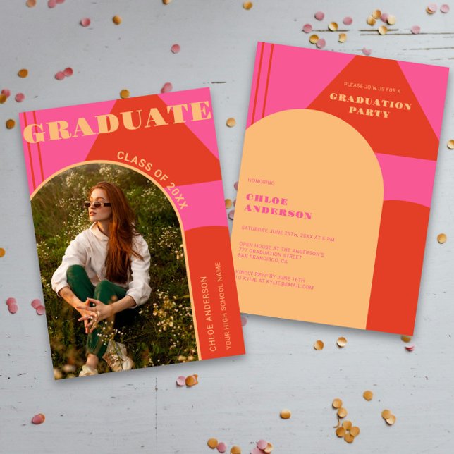 Retro Arch Pink & Orange Foto Abschluss Einladung (Von Creator hochgeladen)