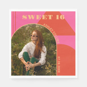 Retro Arch Pink & Orange Foto Sweet 16 Birthday Serviette