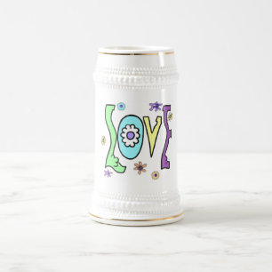 Retro Art 60s/70s: Blumen-Power "Liebe" Stein Bierglas