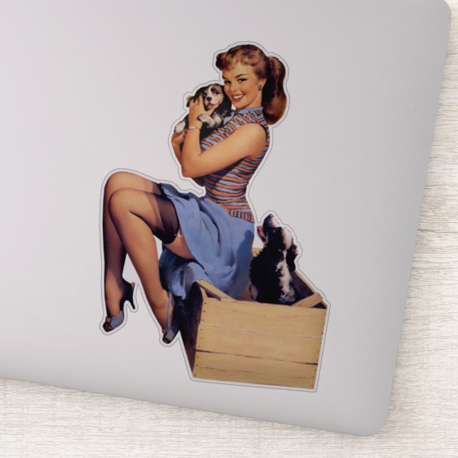 Retro Art Brünettes Button-up Girl and Puppies Hun Aufkleber (Detail)