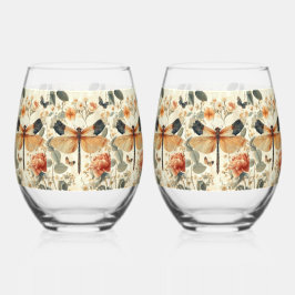 Retro Art Deco Dragonfly, rosa Rosen Weinglas Ohne Stiel