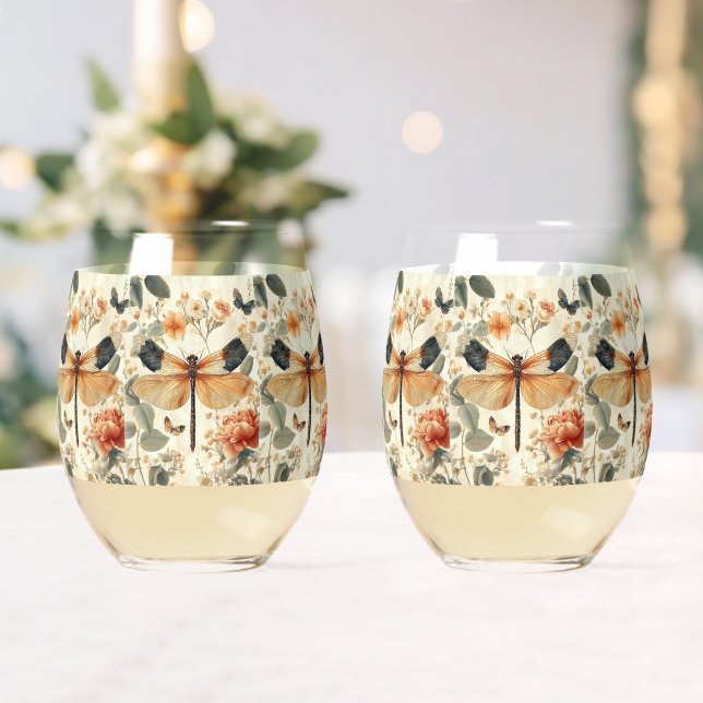Retro Art Deco Dragonfly, rosa Rosen Weinglas Ohne Stiel (Insitu (Hochzeit))